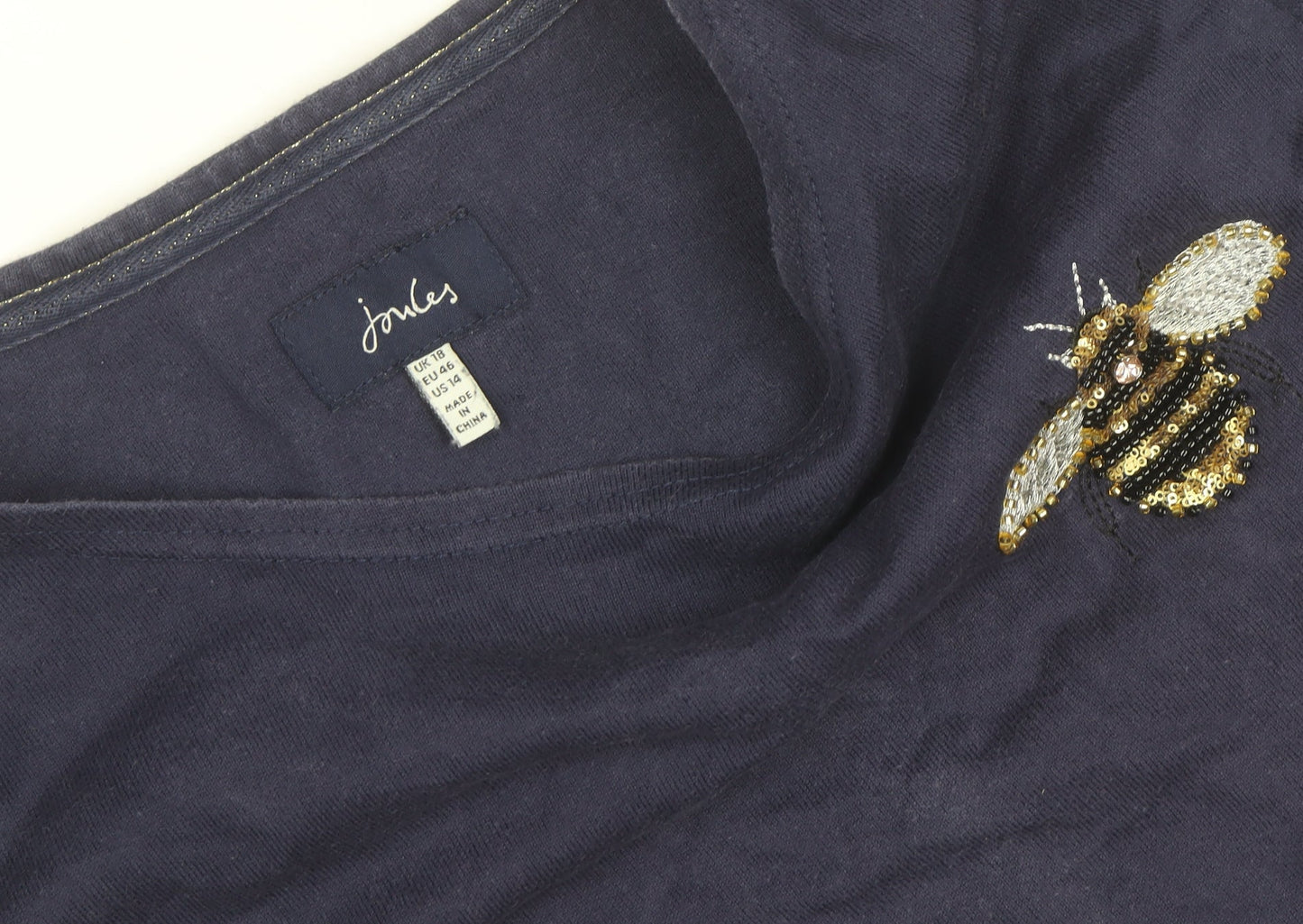 Joules Women Blue Short Sleeve Bee Embroidered Cotton T-Shirt Dress Size 18