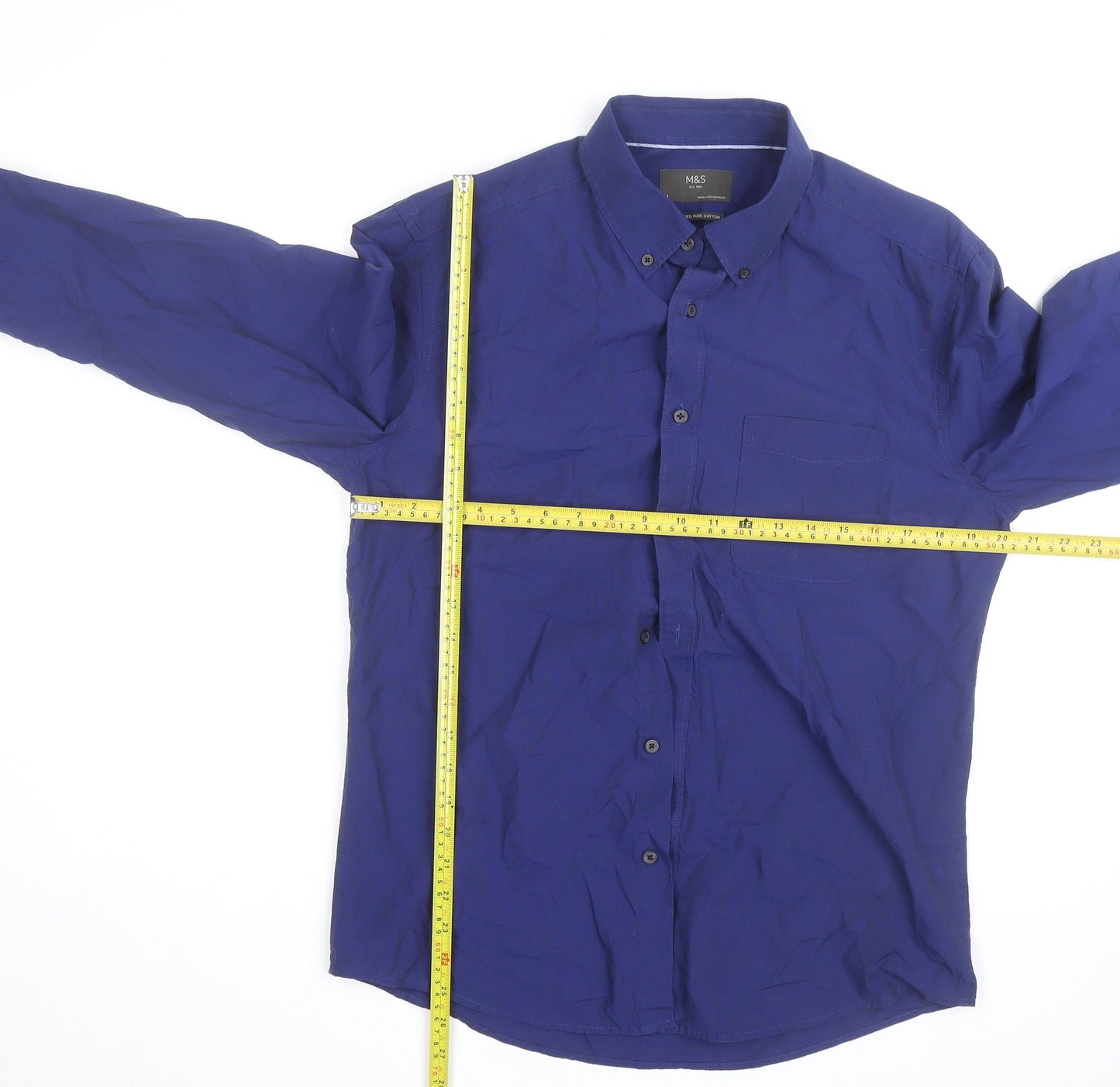 Marks and Spencer Men's Blue Cotton Button-Down Long Sleeve Shirt L