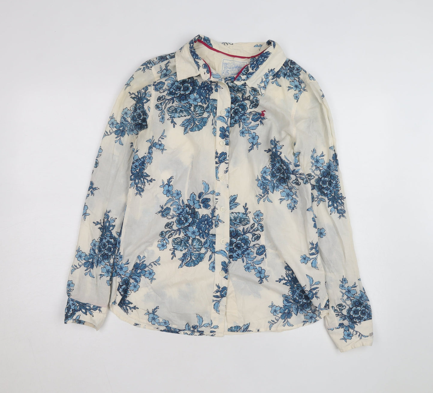 Joules Women’s Ivory Blue Floral Long Sleeve Cotton Button-Up Shirt Size 12