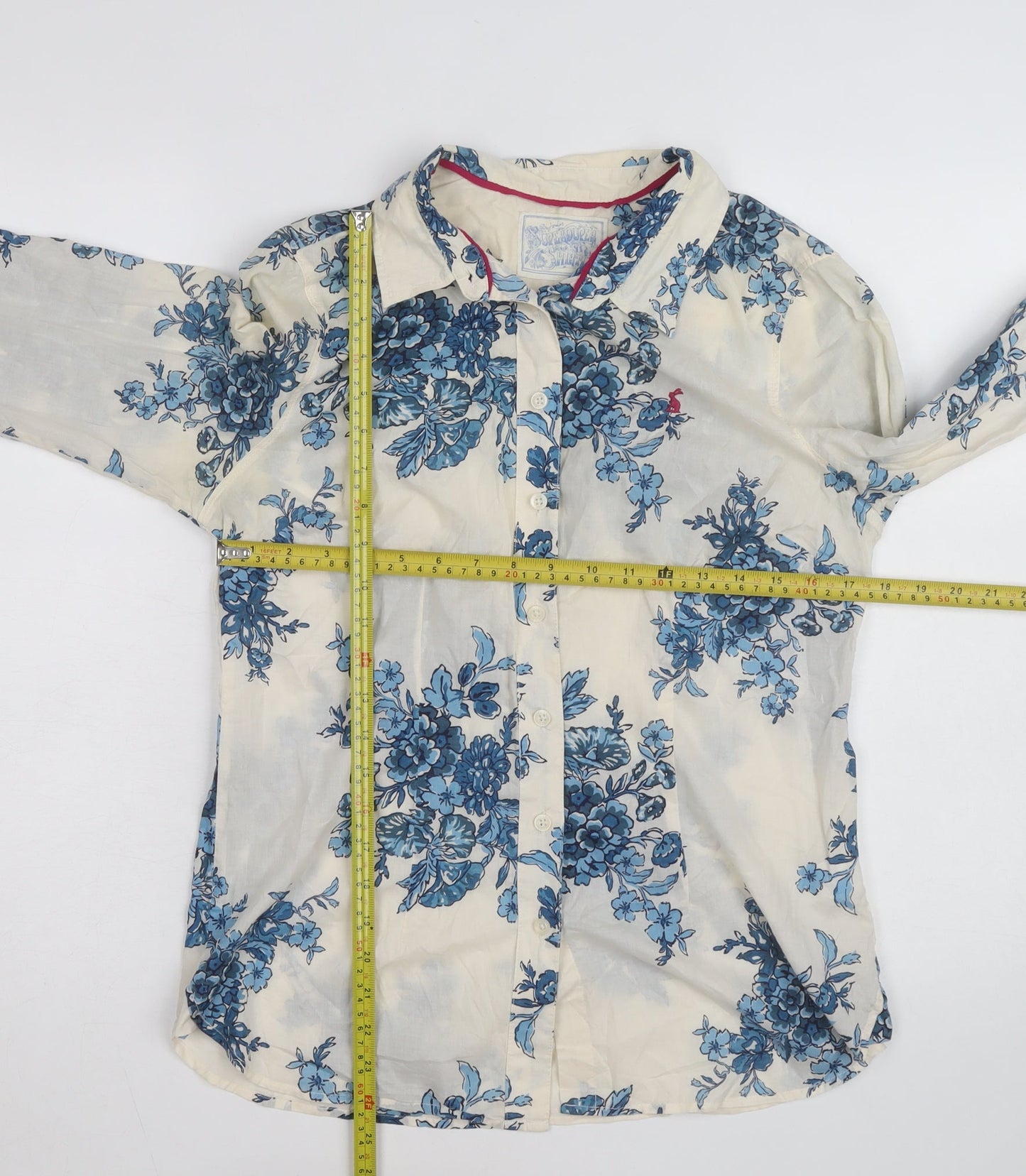 Joules Women’s Ivory Blue Floral Long Sleeve Cotton Button-Up Shirt Size 12