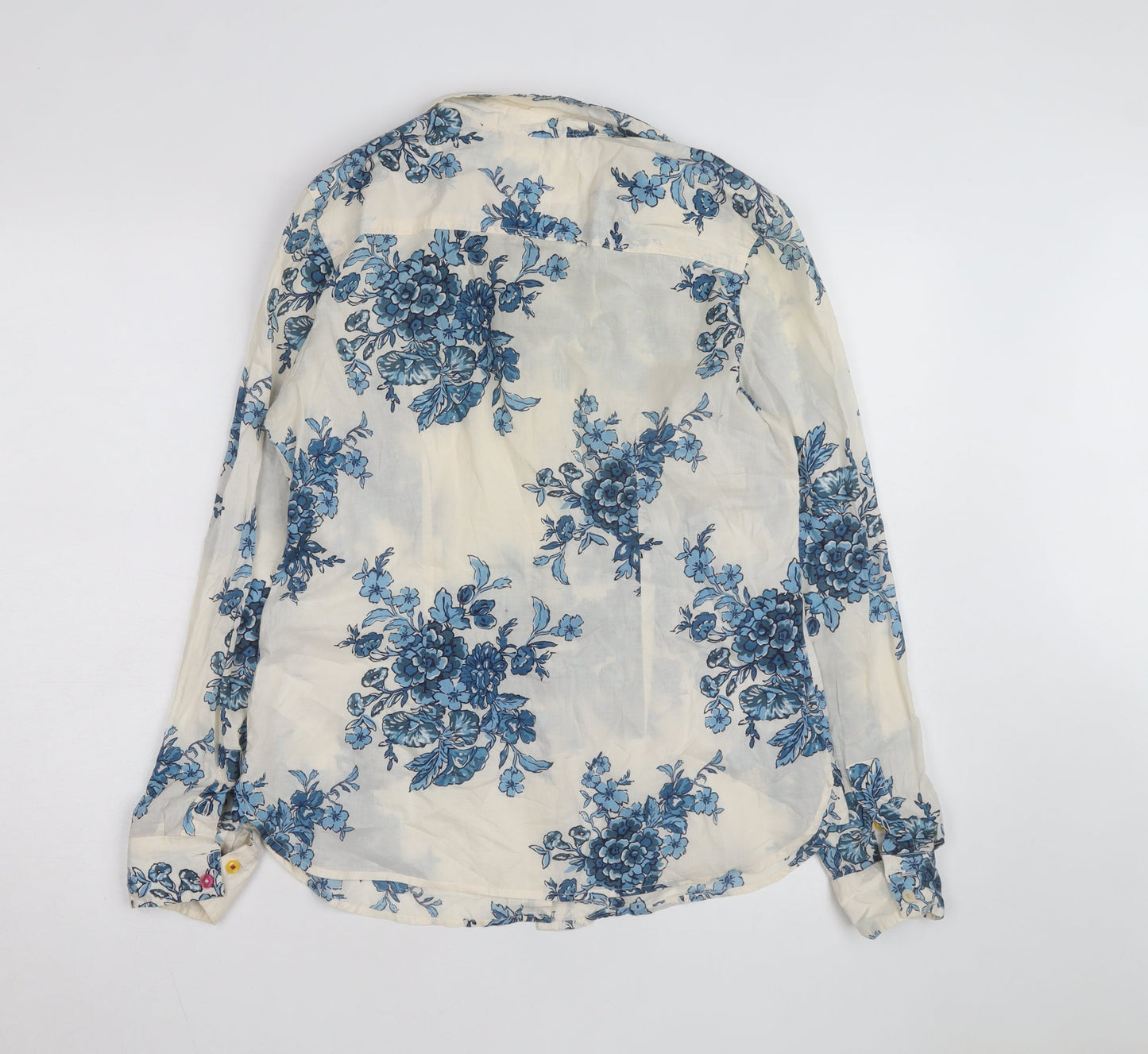 Joules Women’s Ivory Blue Floral Long Sleeve Cotton Button-Up Shirt Size 12