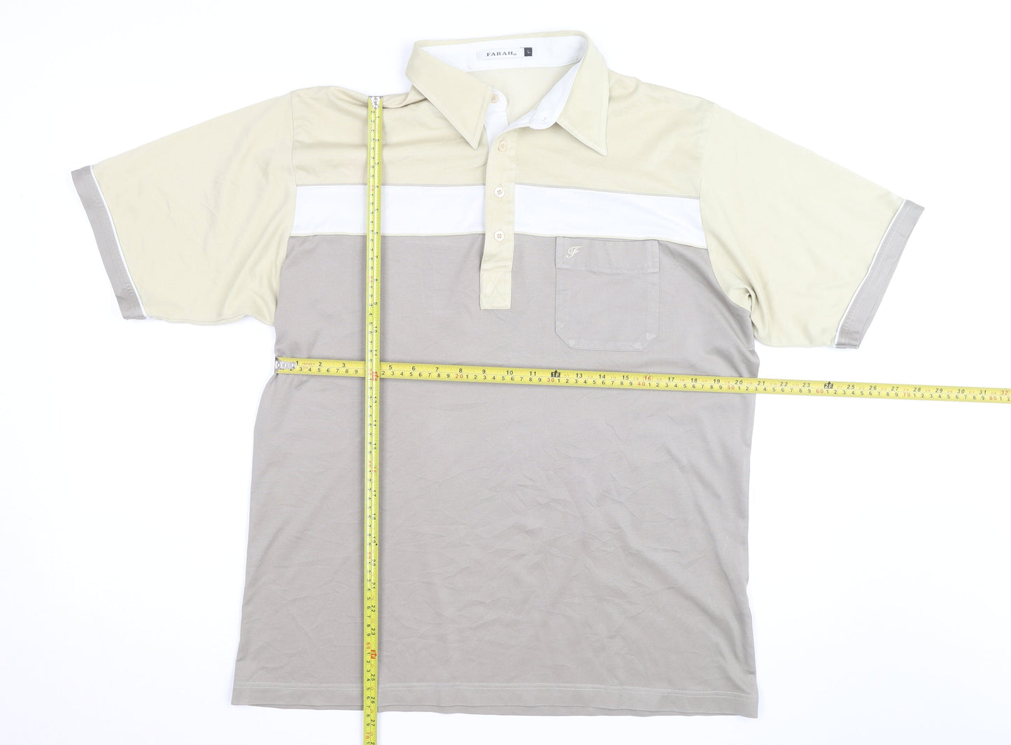 Farah Men’s Beige Colourblock Polo Shirt Size L Short Sleeve