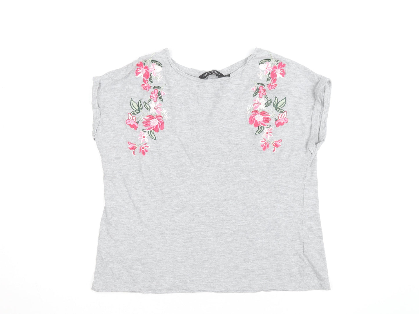 Dorothy Perkins Women's Grey Floral Embroidered T-Shirt Size 14
