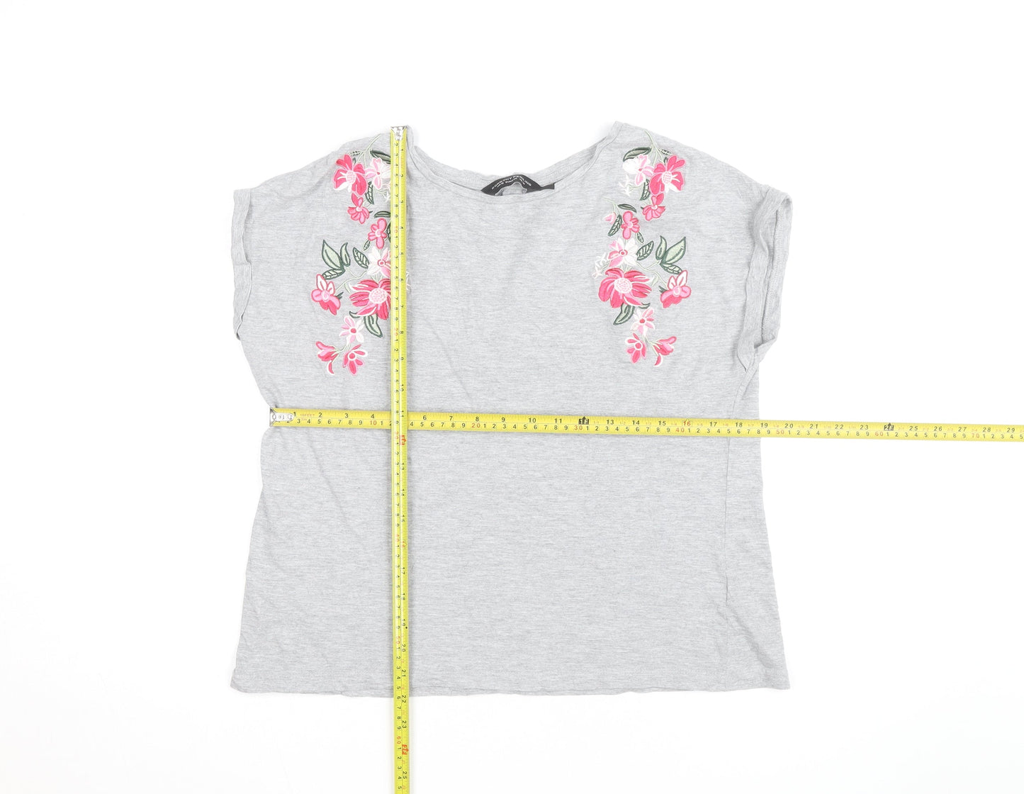 Dorothy Perkins Women's Grey Floral Embroidered T-Shirt Size 14