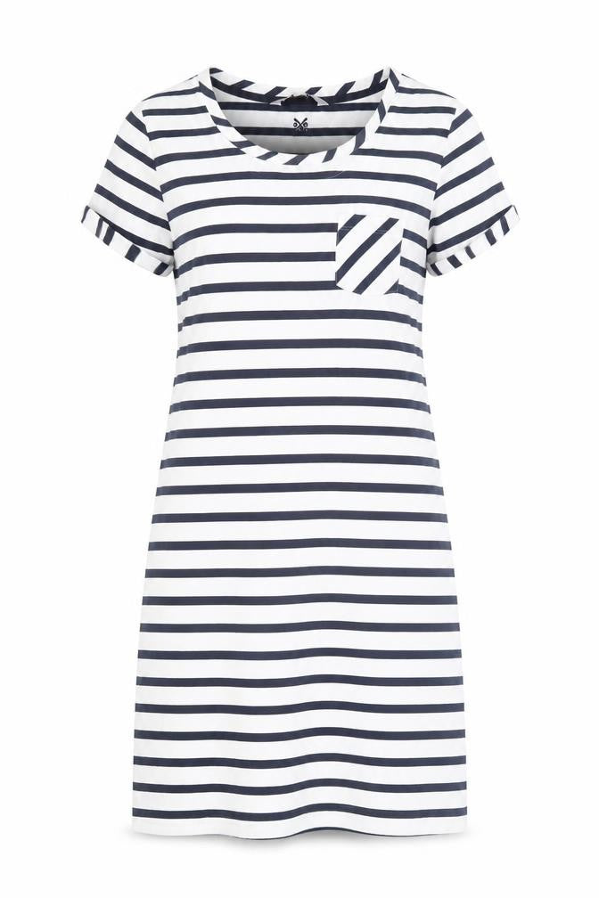 Front view of Crew Clothing Women's Blue Striped T-Shirt Dress, size 10