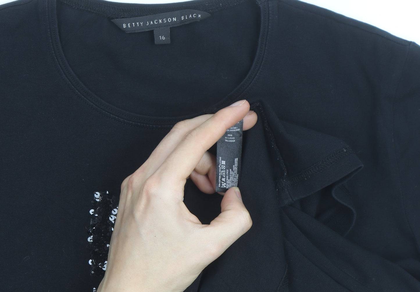 Betty Jackson Black Women's Size 16 Black Sequin Cotton T-Shirt