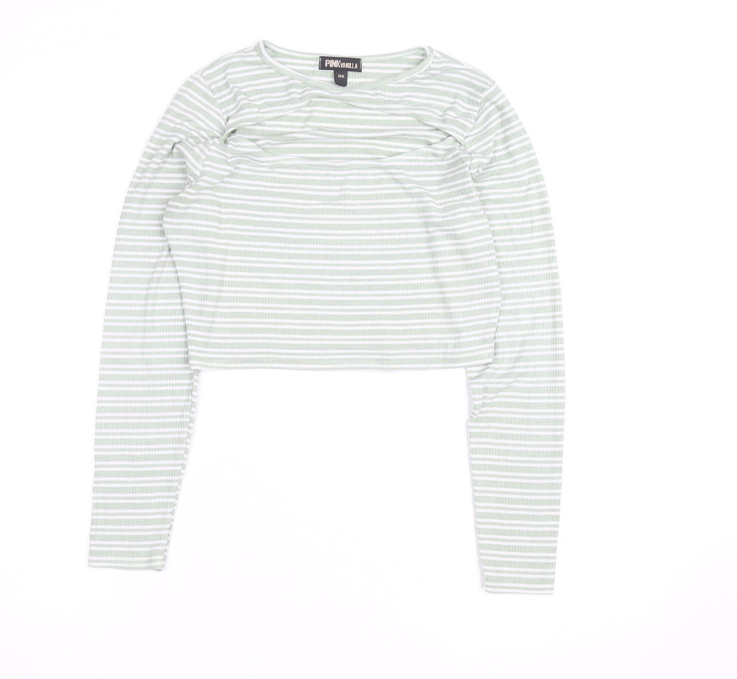 Pink Vanilla Women's Green Striped Cropped Long Sleeve T-Shirt Size M