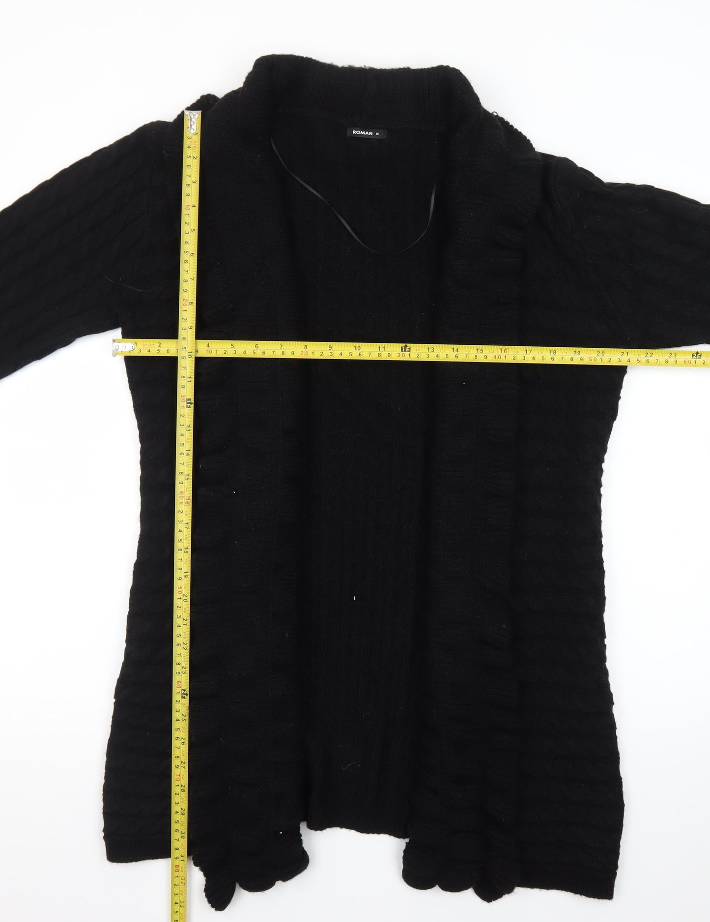 Roman Women's Black Long Sleeve Cable-Knit Open Cardigan Size 16