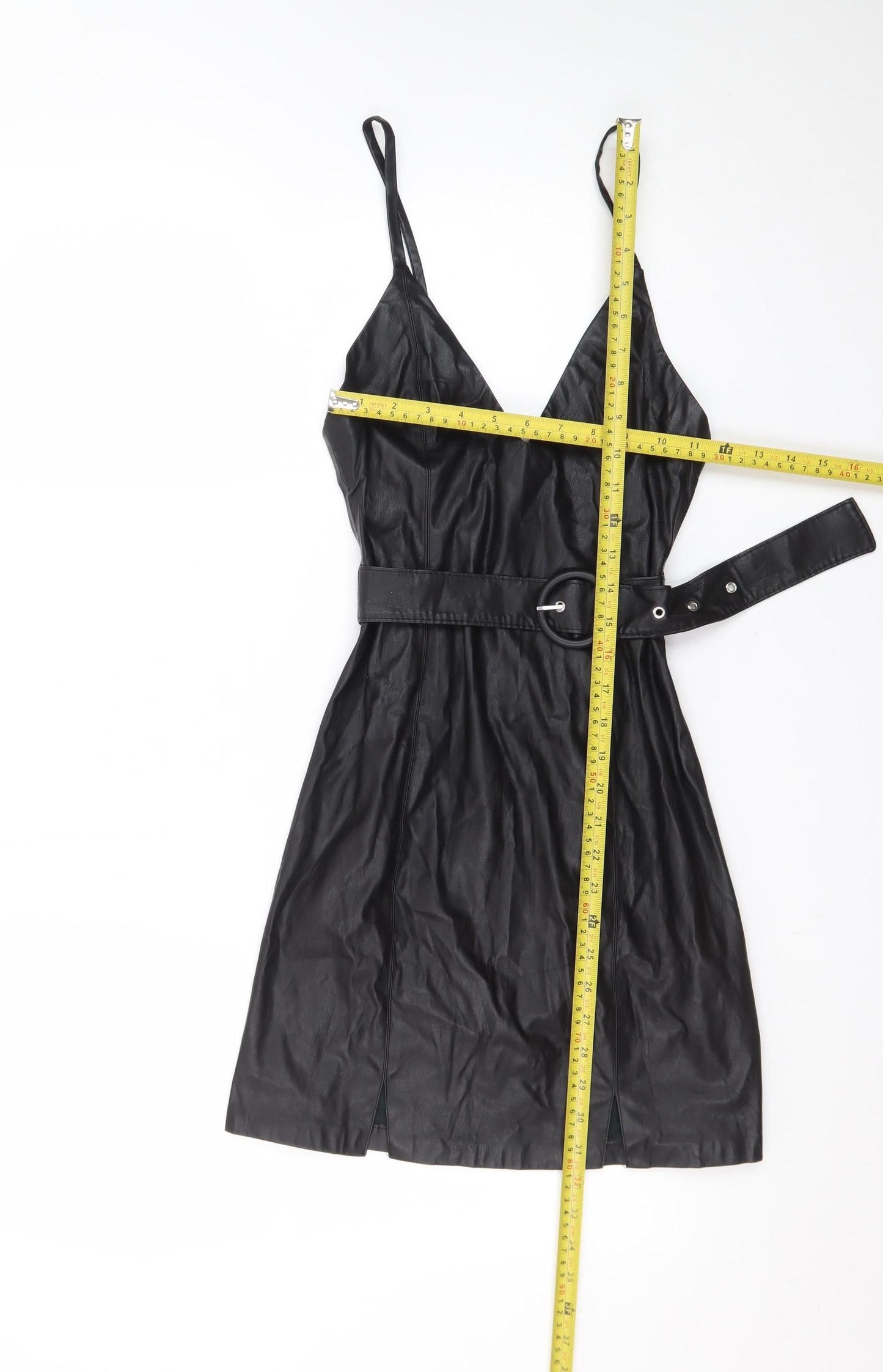 Bershka Womens Black Faux Leather Slip Dress XS Belted Partywear