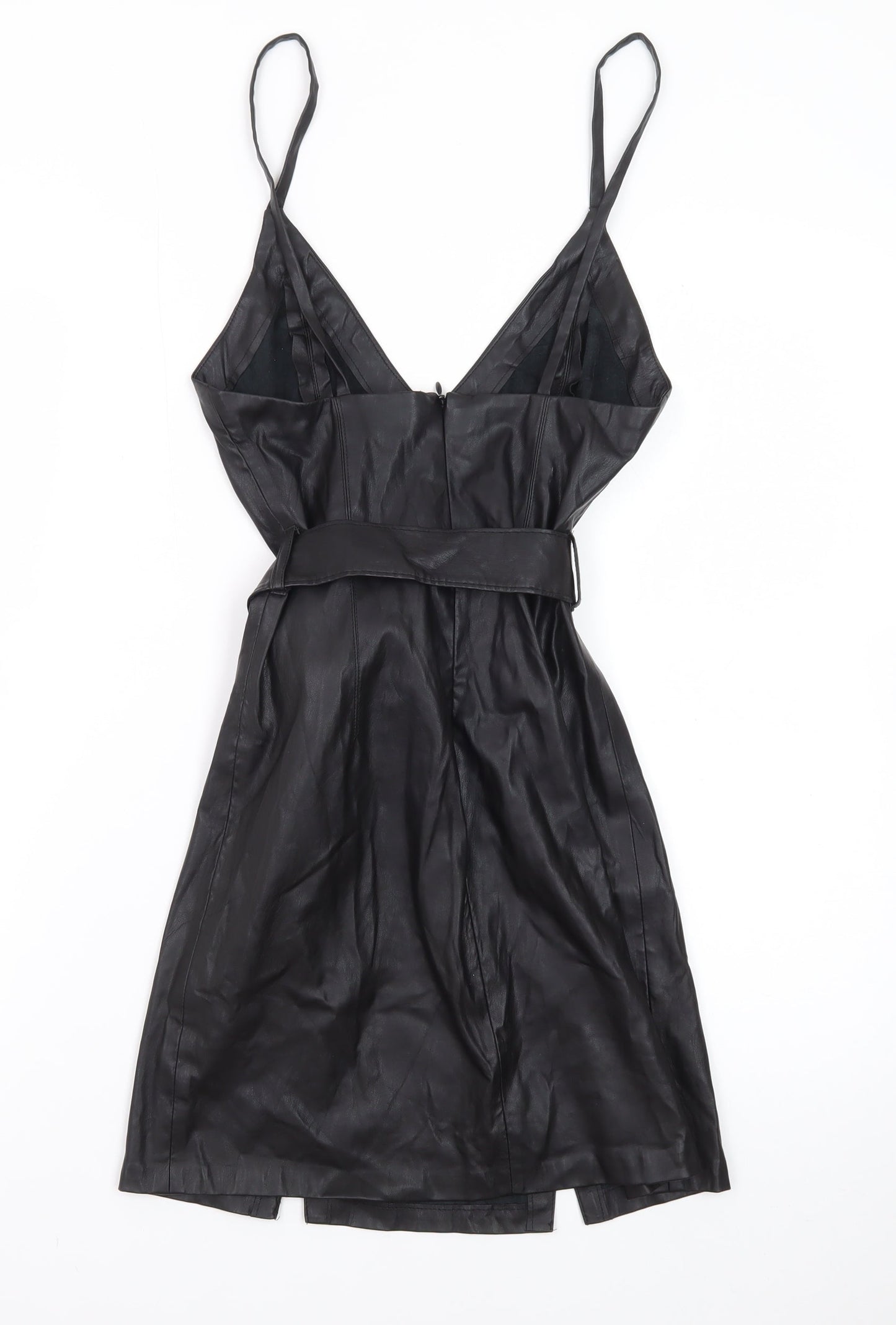 Bershka Womens Black Faux Leather Slip Dress XS Belted Partywear