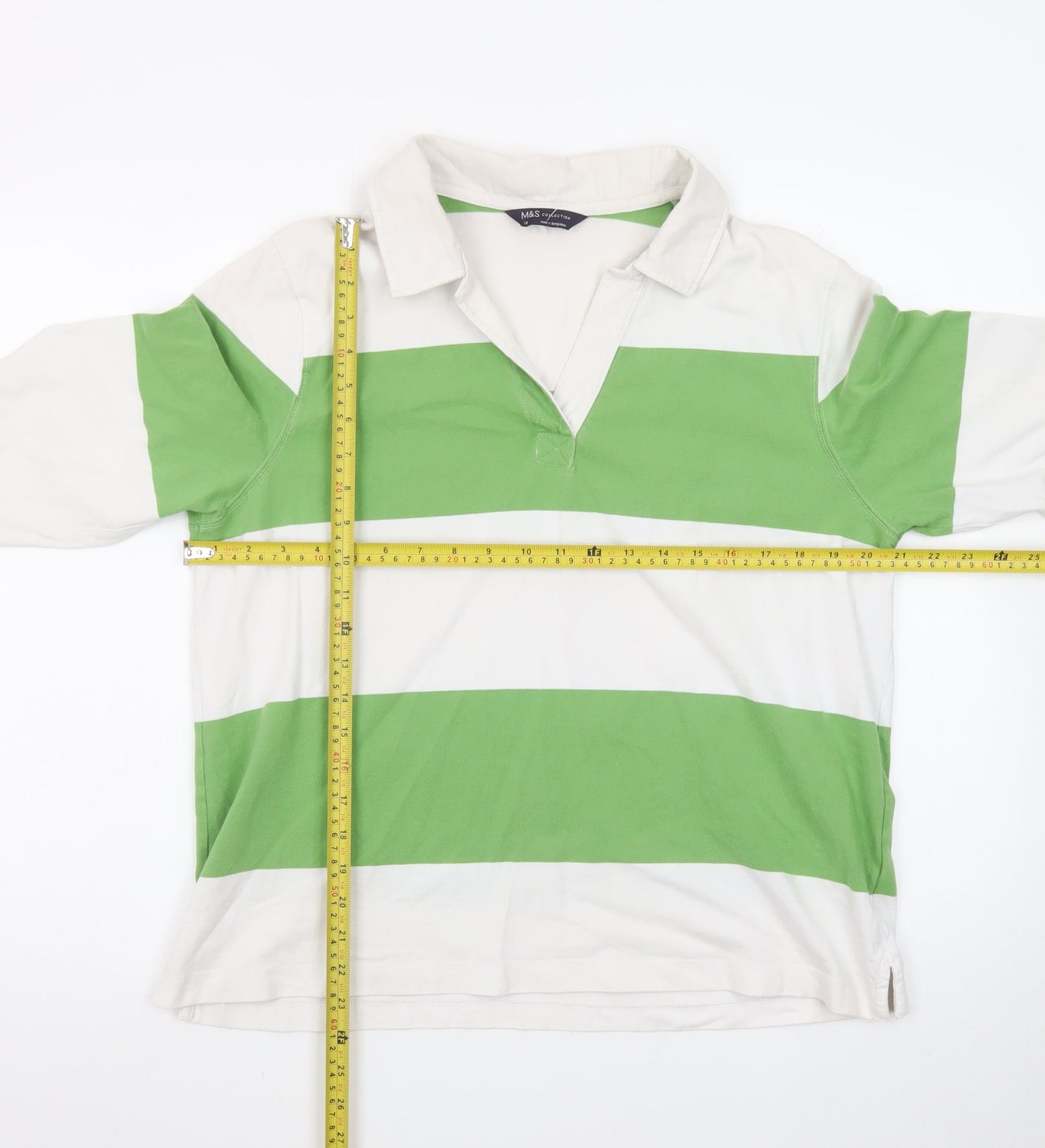 Marks and Spencer Womens Green White Striped Collared Long Sleeve Top Size 18