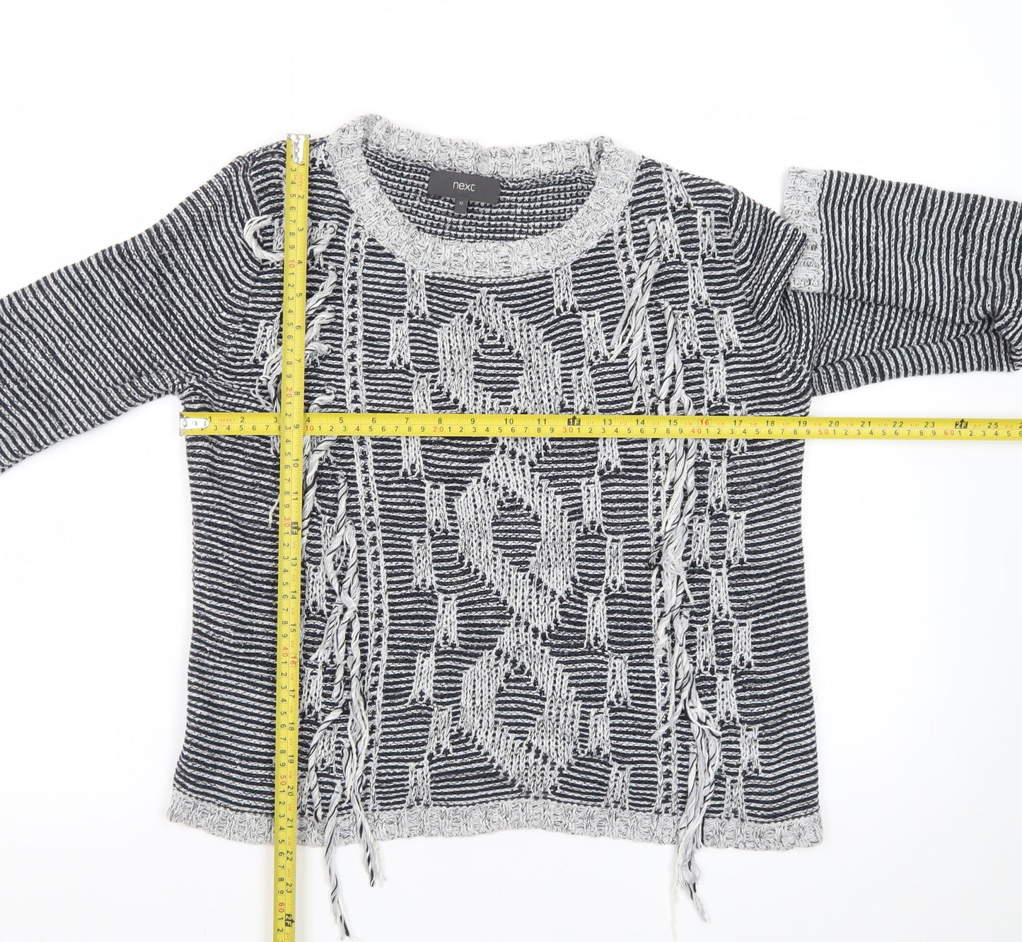 Next Women Grey Chunky-Knit Fringe Pullover Jumper Size 12