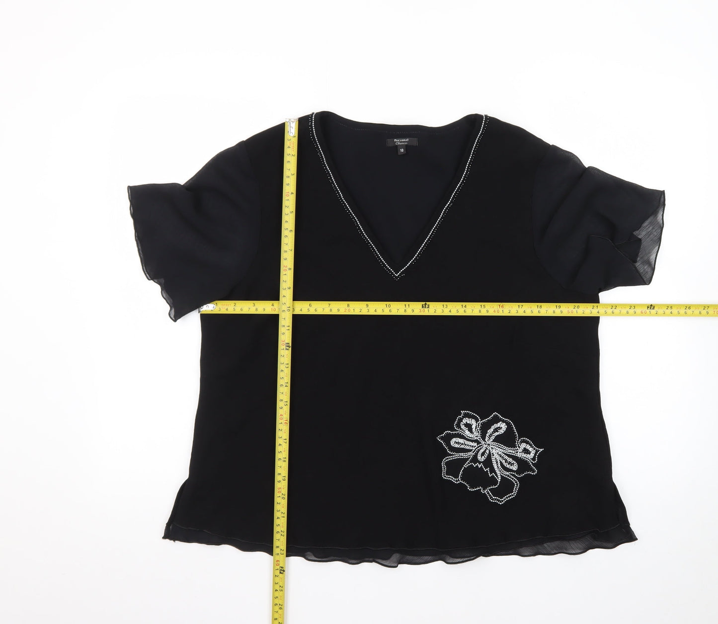 Personal Choice Women's Black Embroidered V-Neck Tunic Blouse Size 18