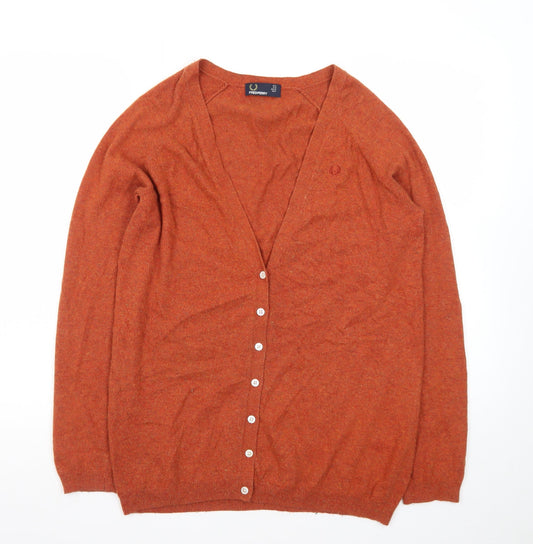Fred Perry Womens Brown V-Neck Cardigan Size 8 Wool Blend