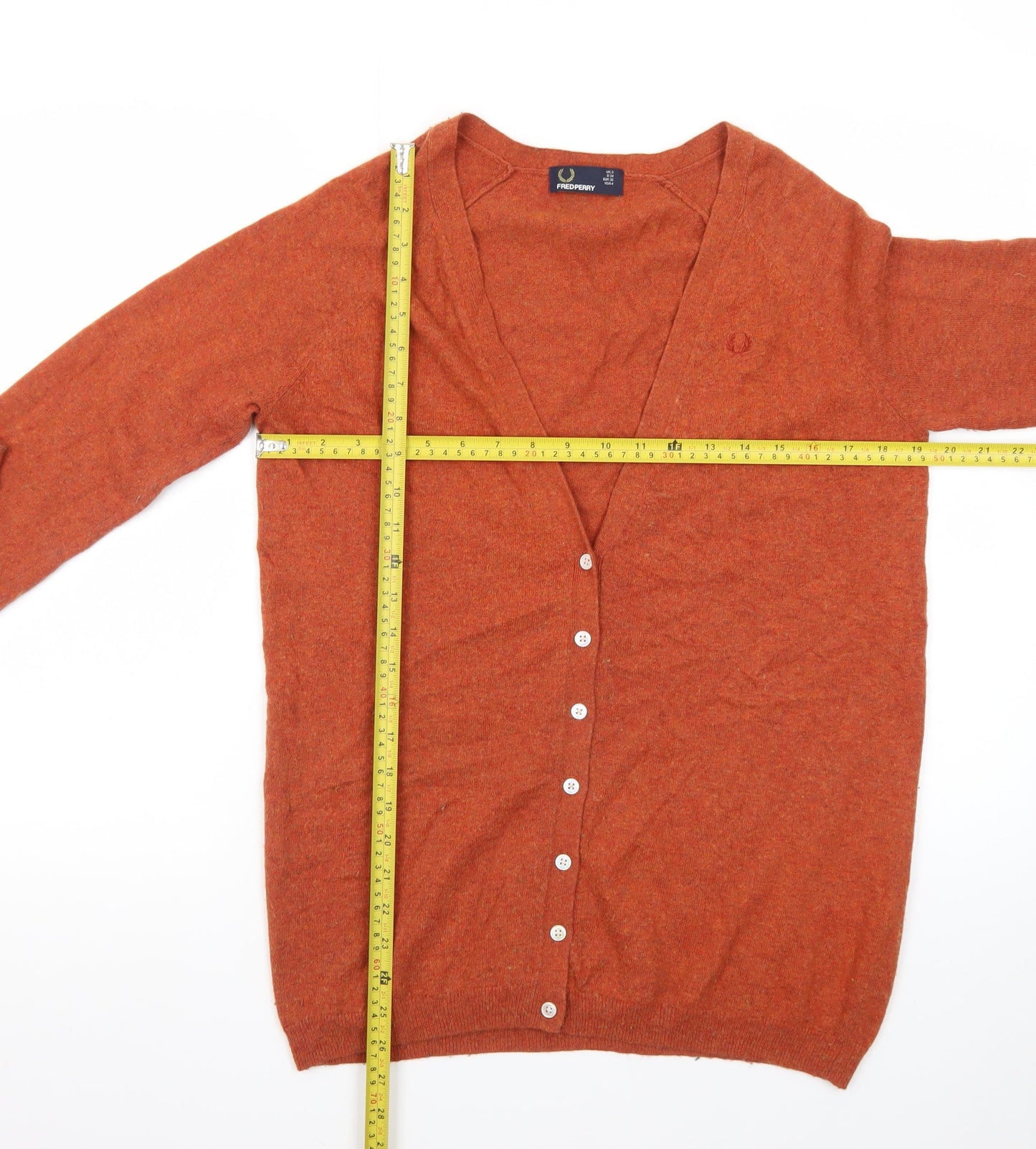 Fred Perry Womens Brown V-Neck Cardigan Size 8 Wool Blend