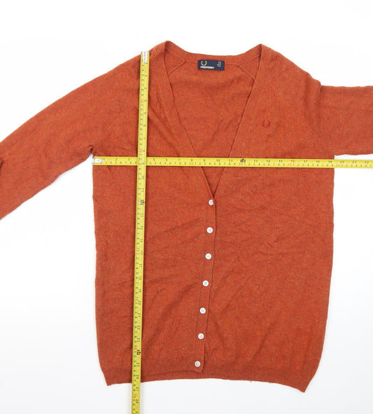Fred Perry Womens Brown V-Neck Cardigan Size 8 Wool Blend