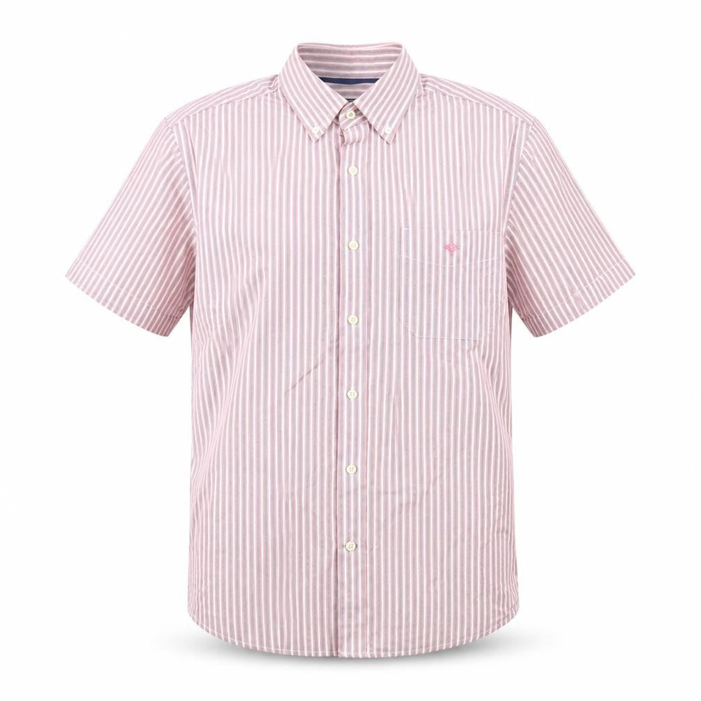 Front view of Maine New England Men's Red Striped Short Sleeve Button-Up Shirt M