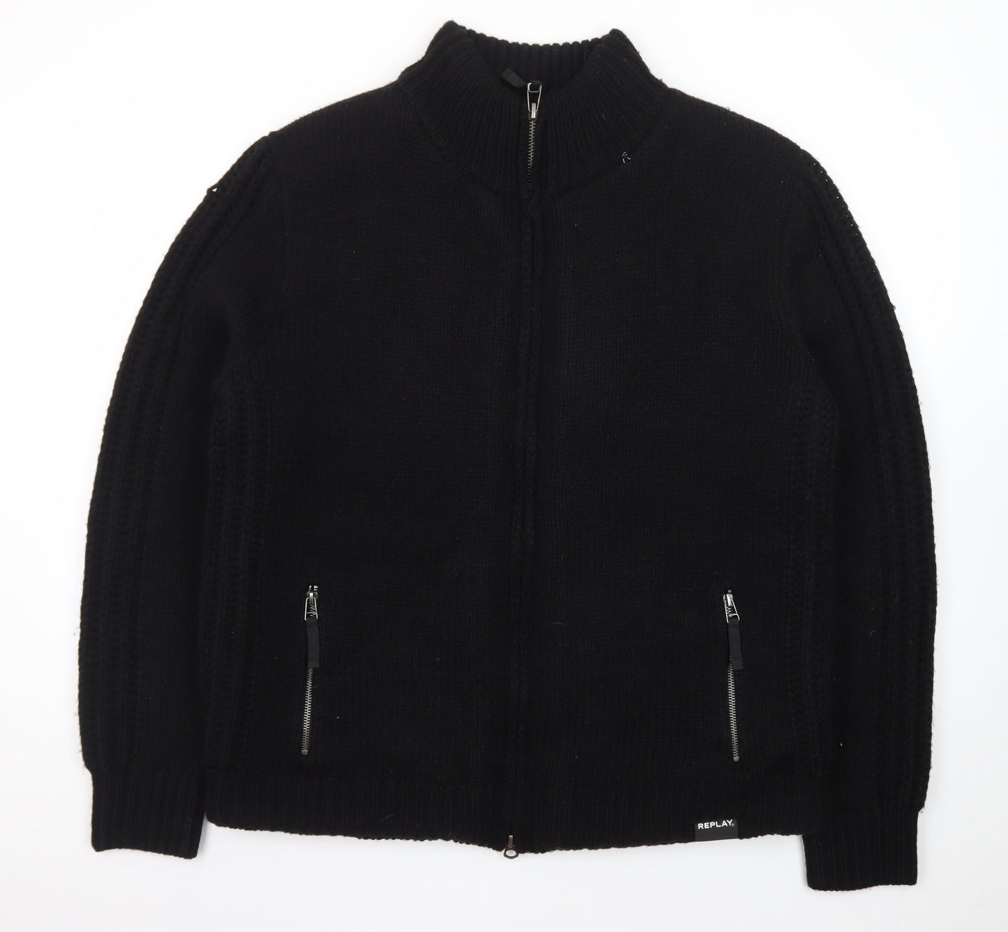 Replay Men's Black XL Full Zip Knit Wool Blend Jumper