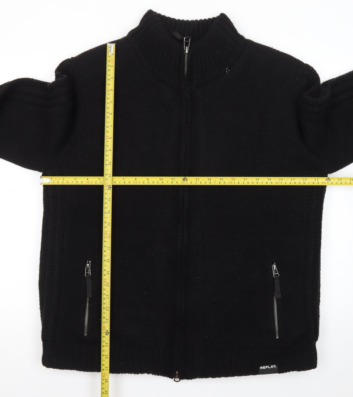 Replay Men's Black XL Full Zip Knit Wool Blend Jumper