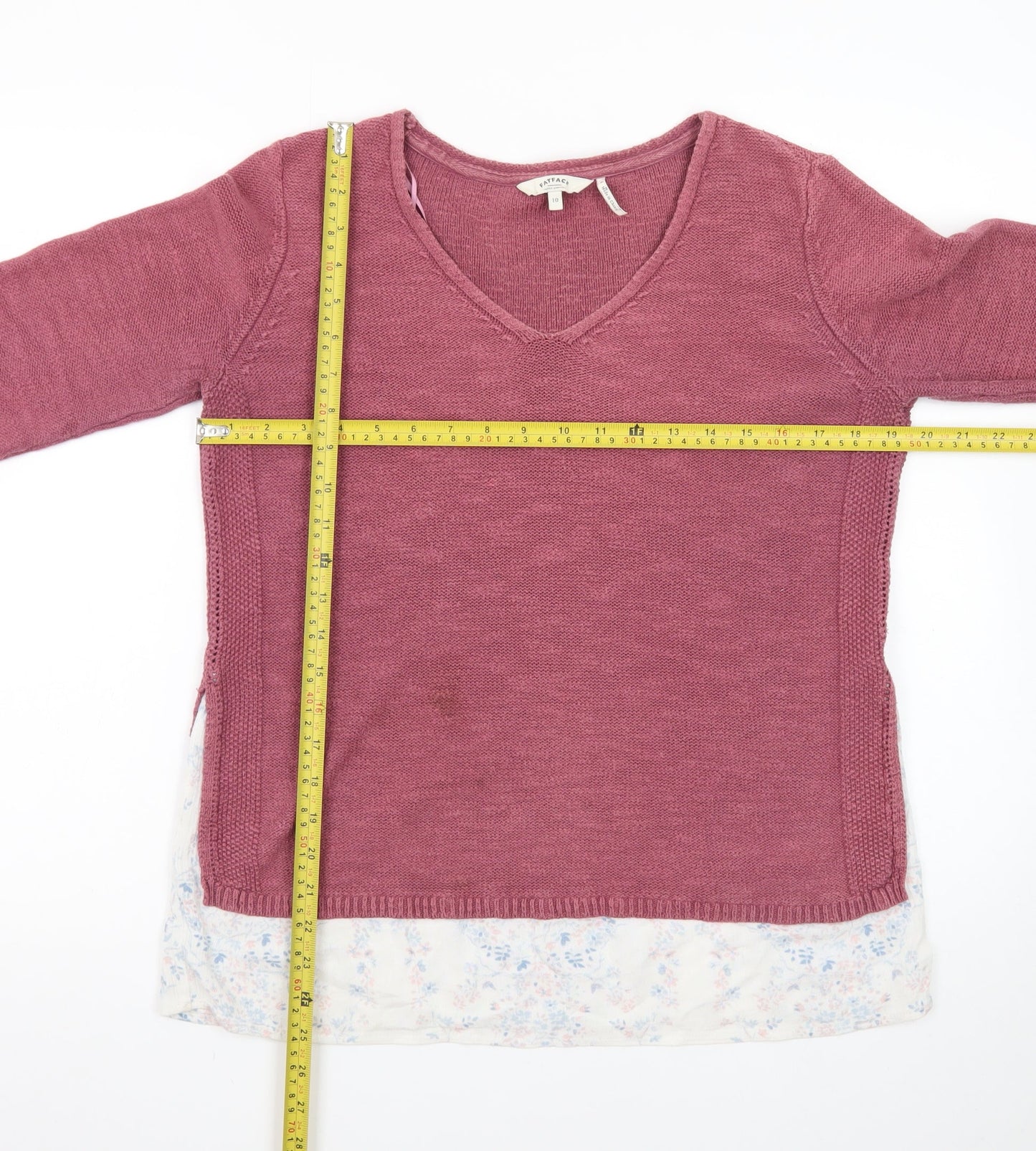 FatFace Women Pink V-Neck Cotton Linen Knit Jumper Size 10