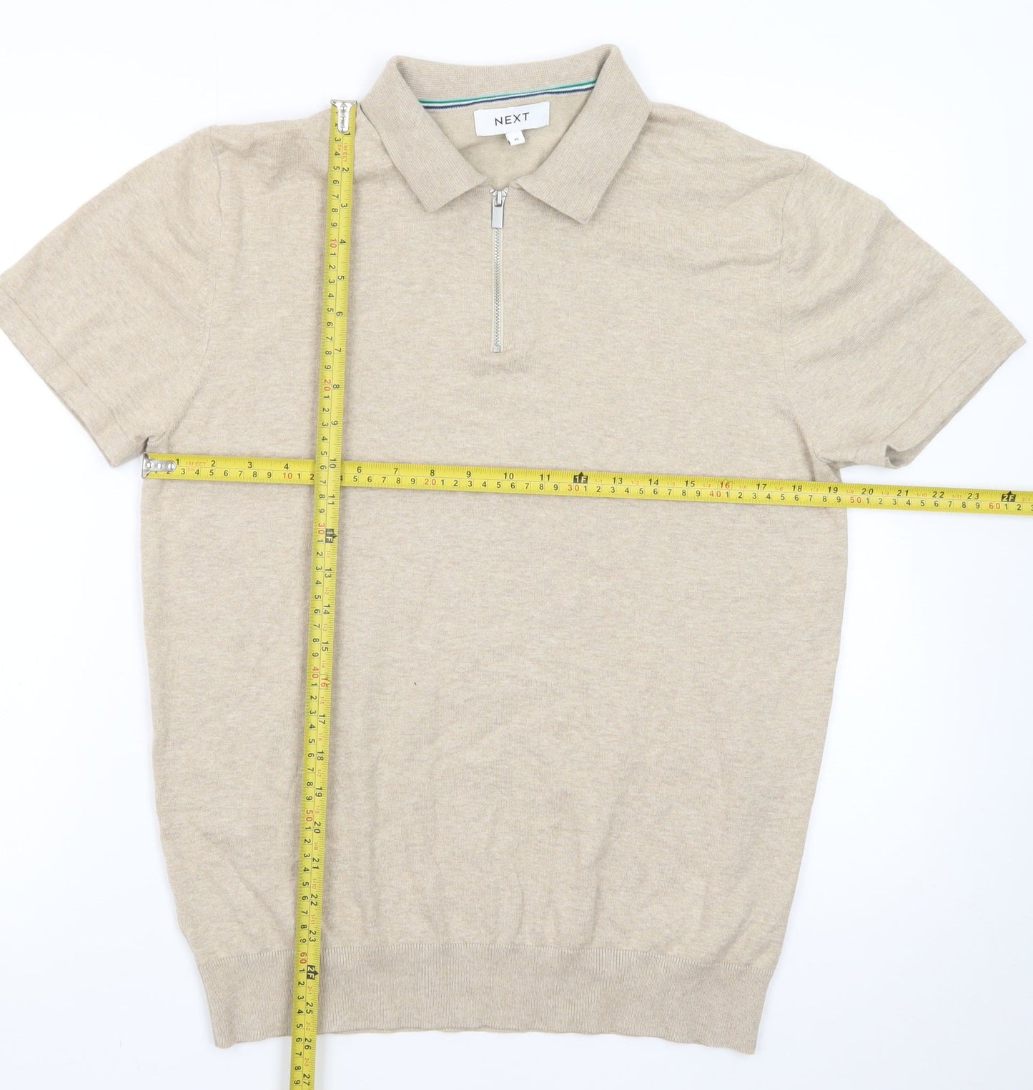 Next Mens Beige Short Sleeve 1/4 Zip Polo Shirt Size M Classic Fit