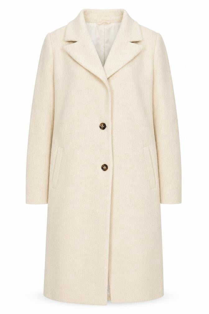 Front view of In The Style Women’s Beige Wool Blend Long Overcoat UK 12
