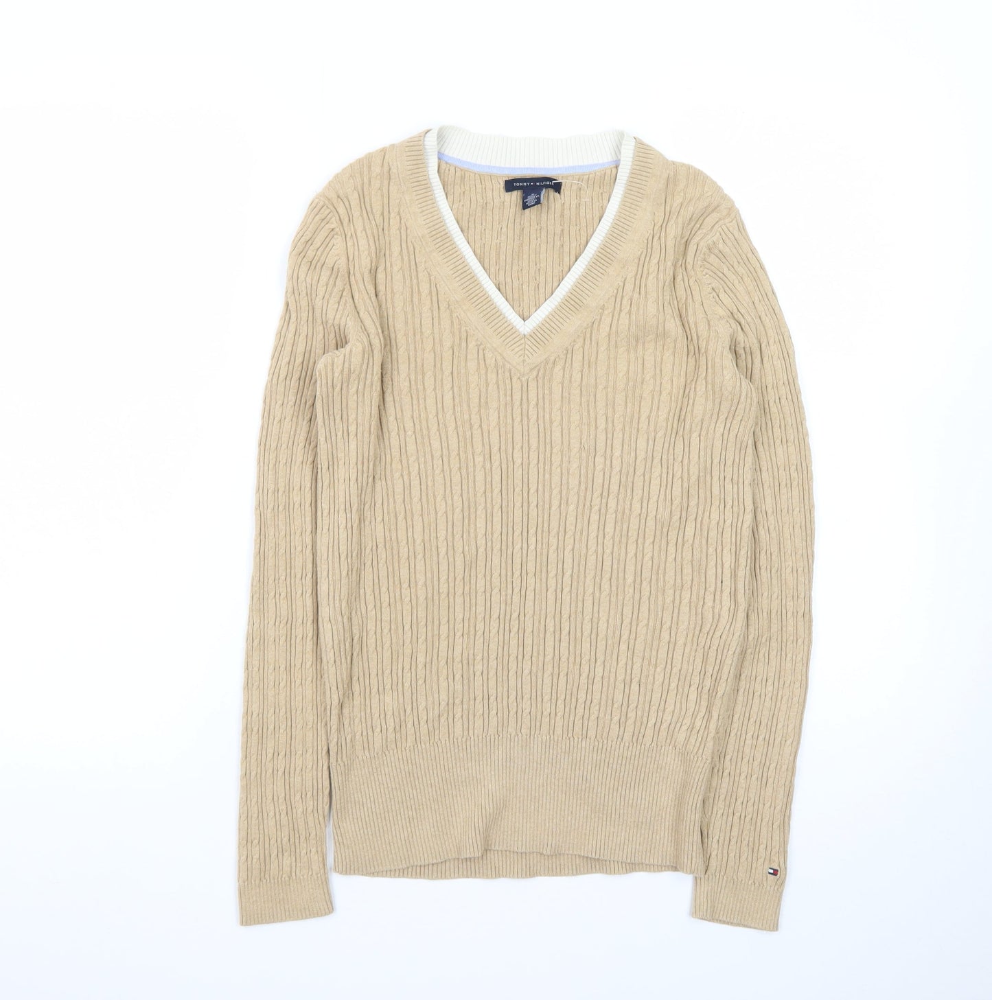 Tommy Hilfiger Womens Beige V-Neck Cable-Knit Jumper Size M