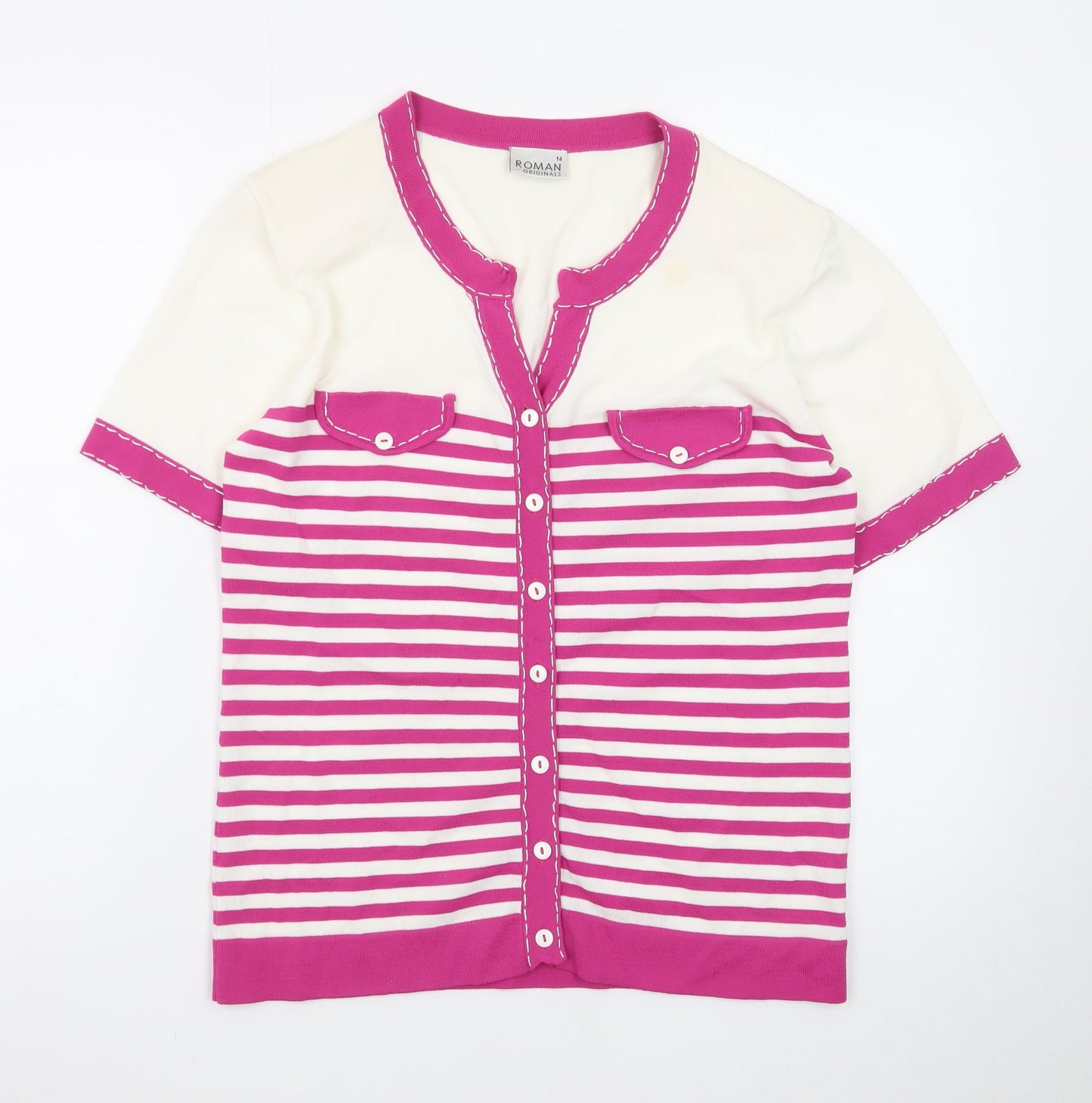 Roman Originals Women's Pink White Striped Short Sleeve Cardigan Size 14