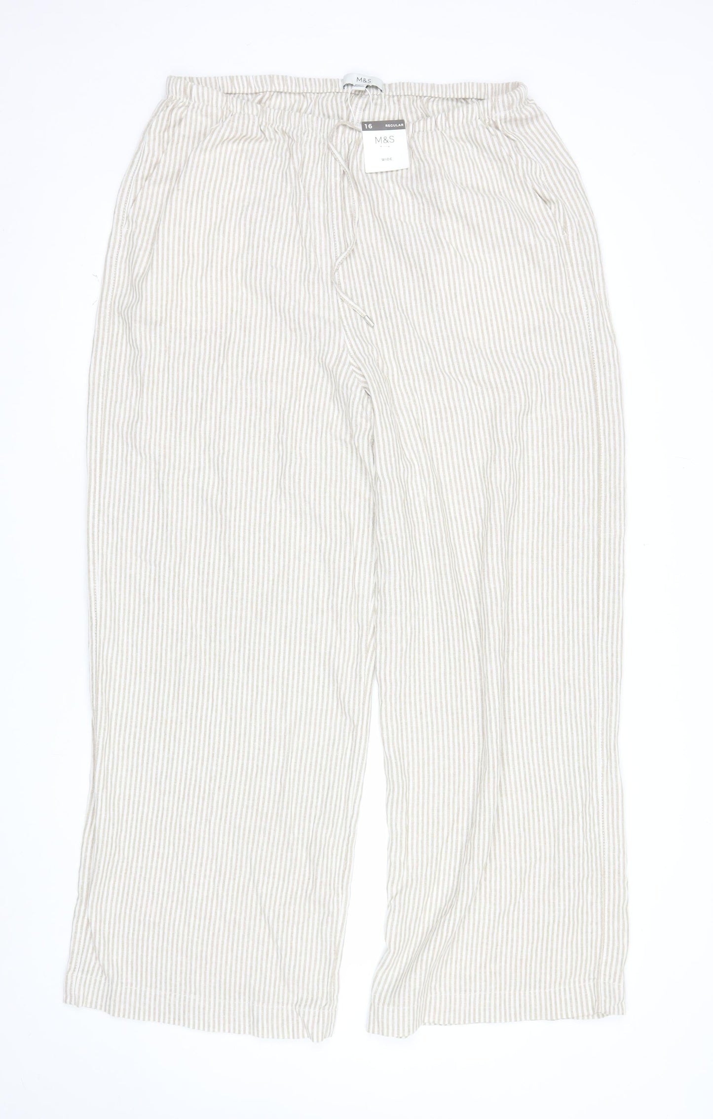 Marks and Spencer Womens Beige Striped Cropped Linen Cotton Wide Leg Trousers Size 16