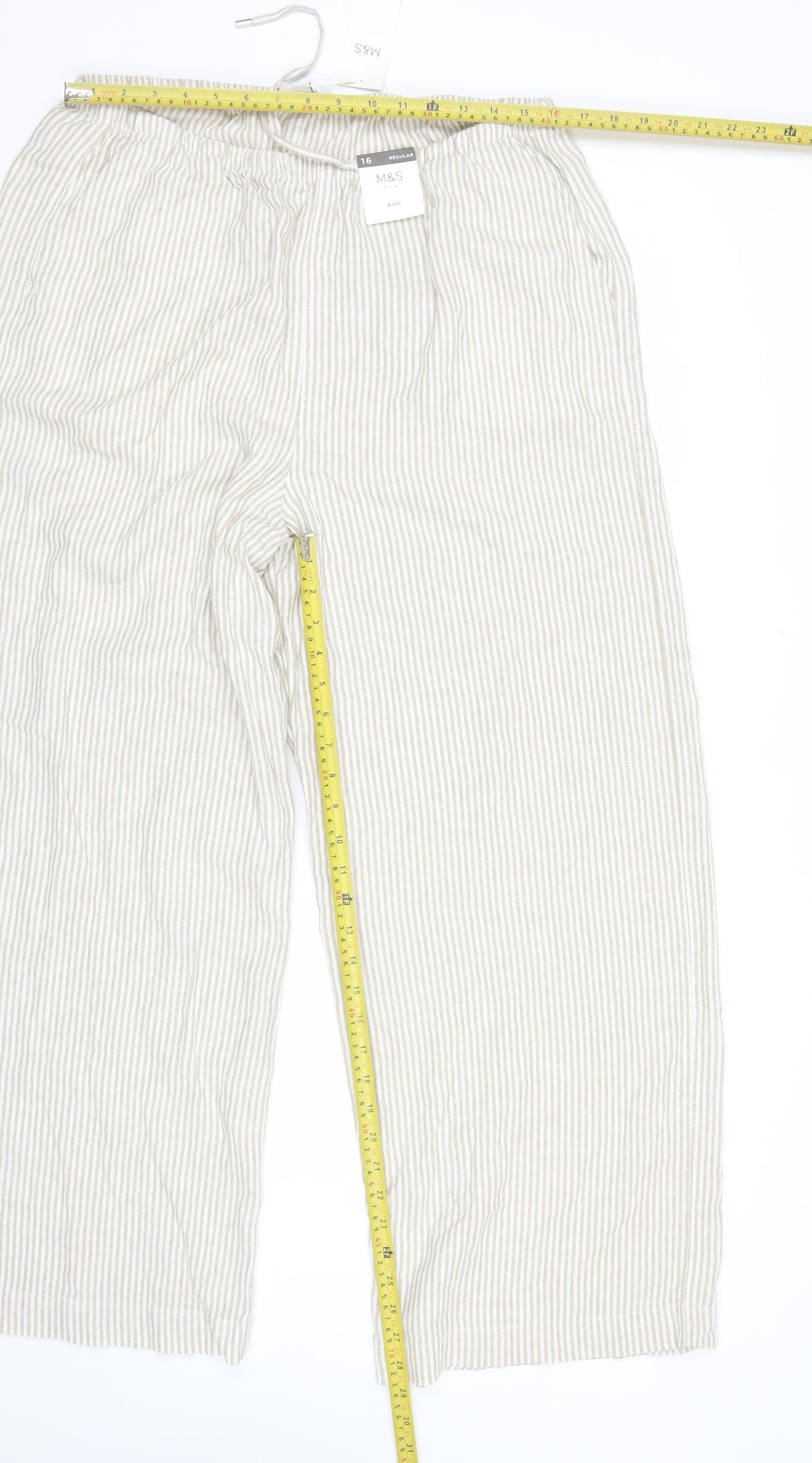 Marks and Spencer Womens Beige Striped Cropped Linen Cotton Wide Leg Trousers Size 16