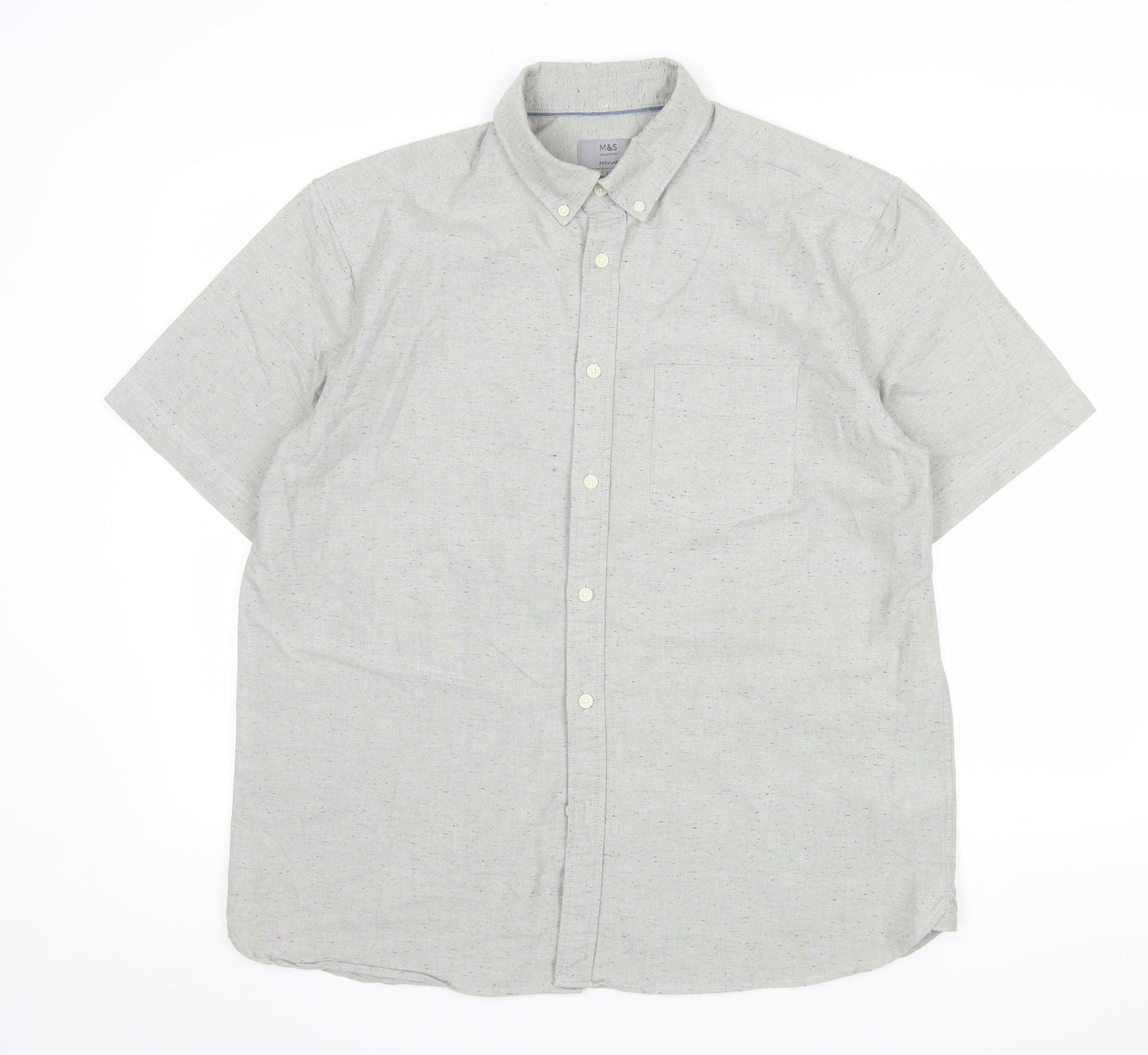 Marks and Spencer Men's Grey Short Sleeve Button-Up Oxford Shirt L