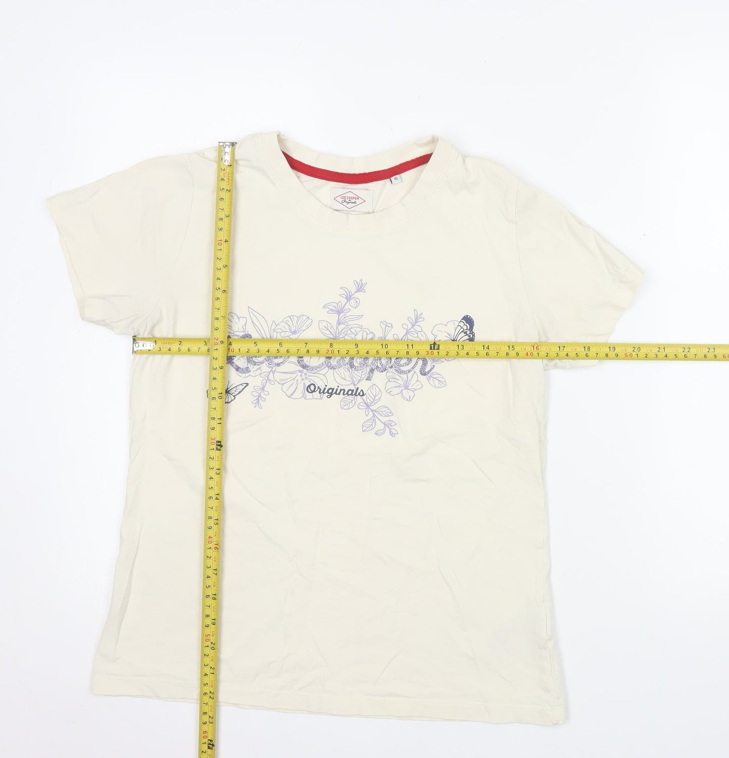 Lee Cooper Women's Beige Floral T-Shirt Size 10 Short Sleeve Cotton