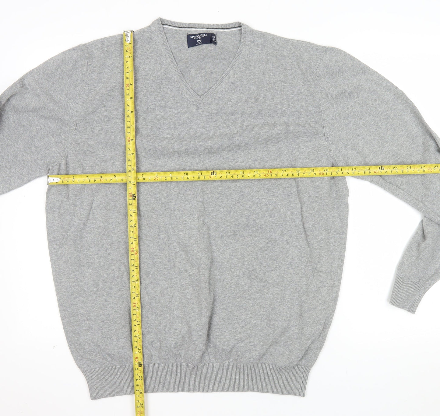 Springfield Men’s Grey Cotton V-Neck Jumper 2XL Regular Fit