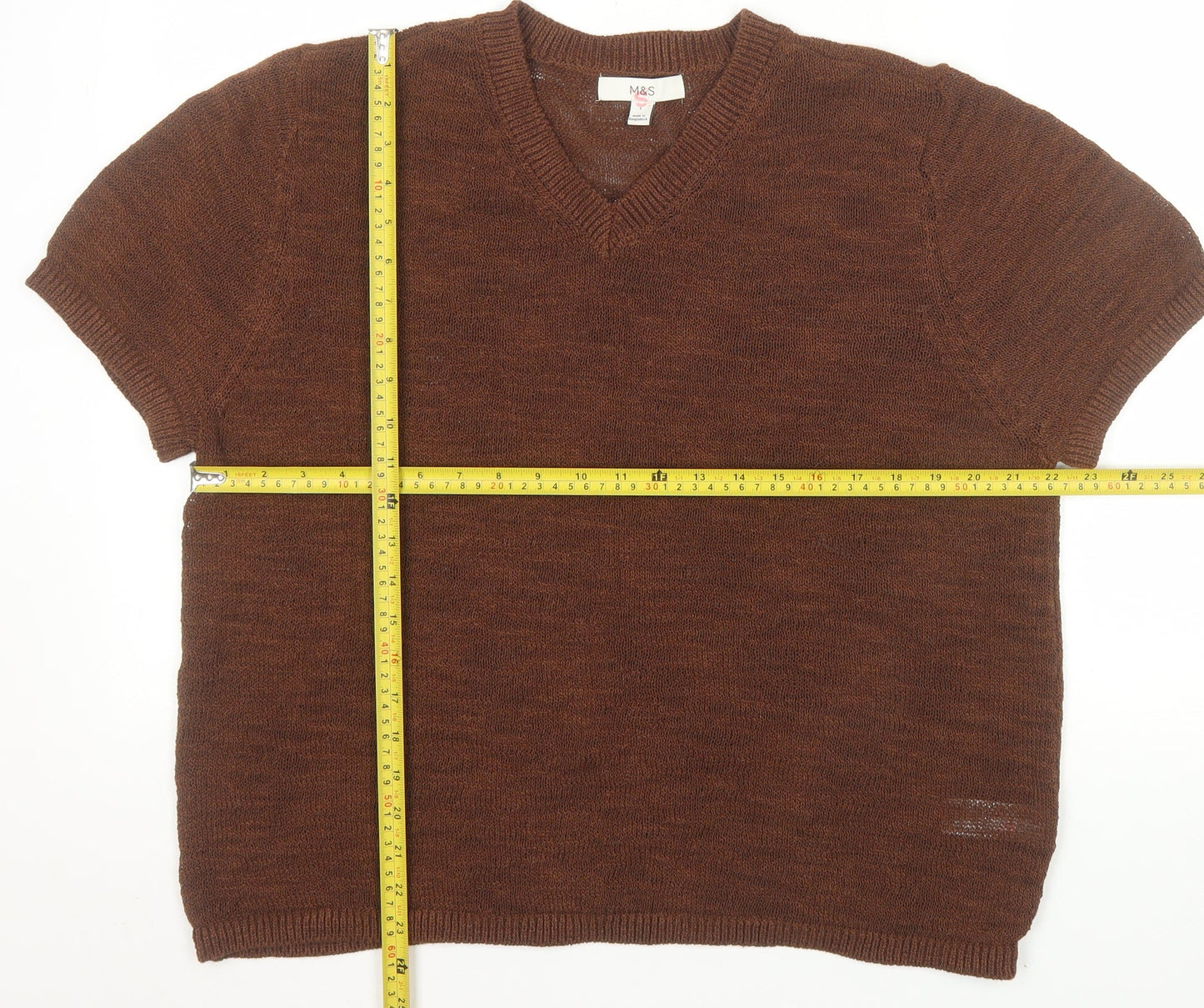 Marks and Spencer Men's Brown Cotton Blend V-Neck Short Sleeve Jumper L
