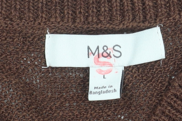 Marks and Spencer Men's Brown Cotton Blend V-Neck Short Sleeve Jumper L