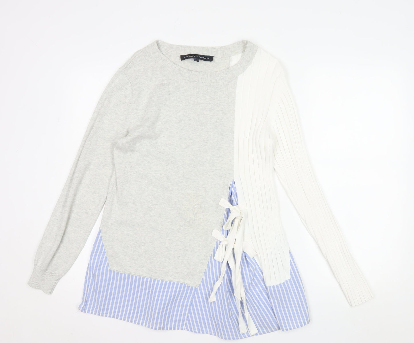 French Connection Womens Grey White Cotton Jumper M Bow Detail