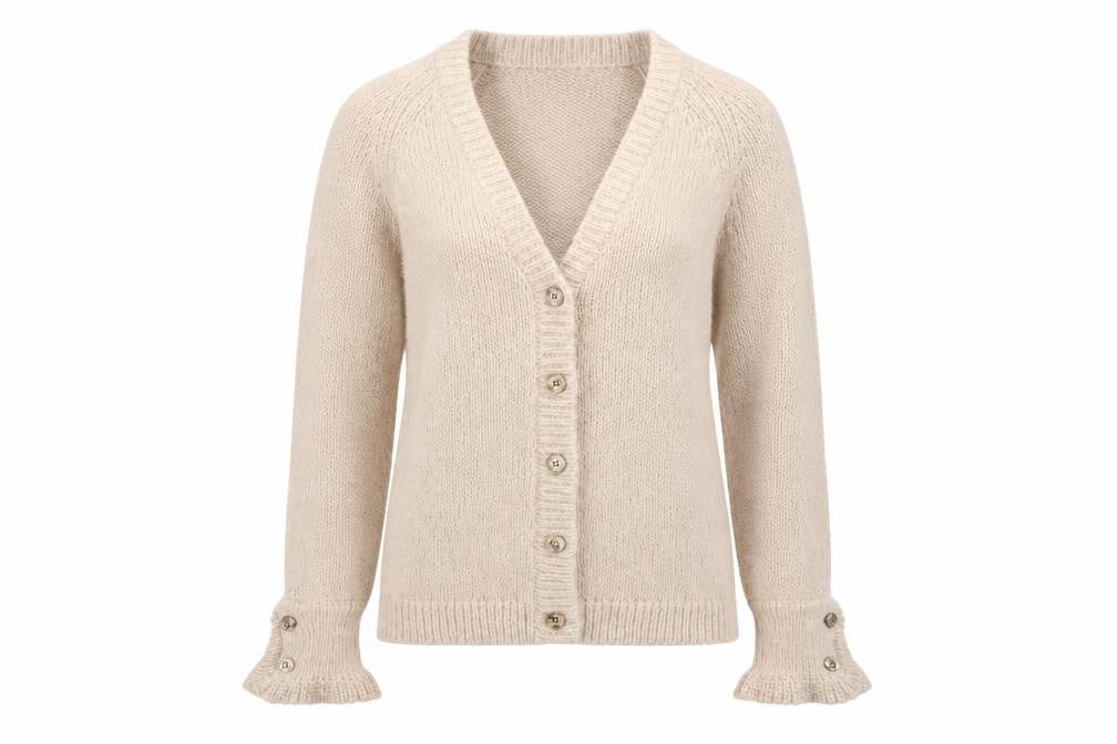 Front view of JD Williams Women’s Beige Wool Blend V-Neck Chunky Knit Cardigan, size UK 8