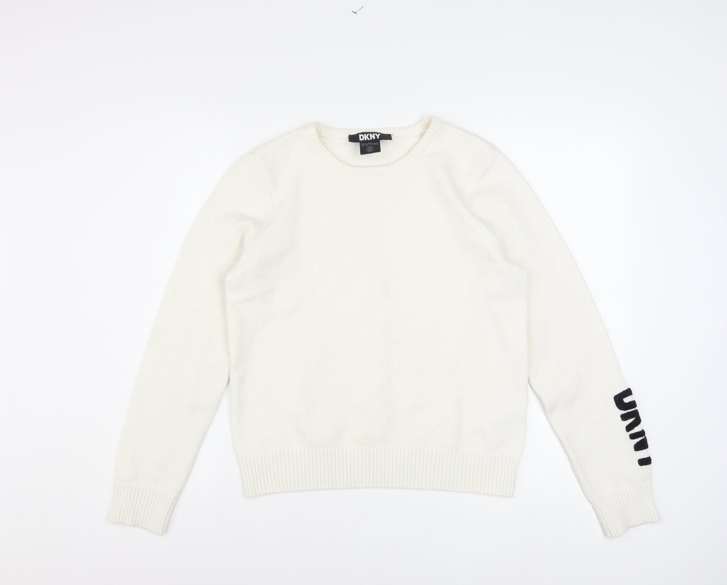 DKNY Women's Ivory Pullover Knit Jumper M Crew Neck Logo Sleeve