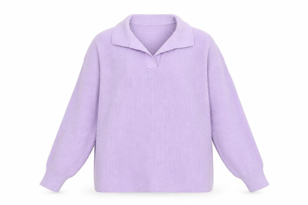 Front view of Denim & Co. Women Lilac Collared Rib Knit jumper, size M