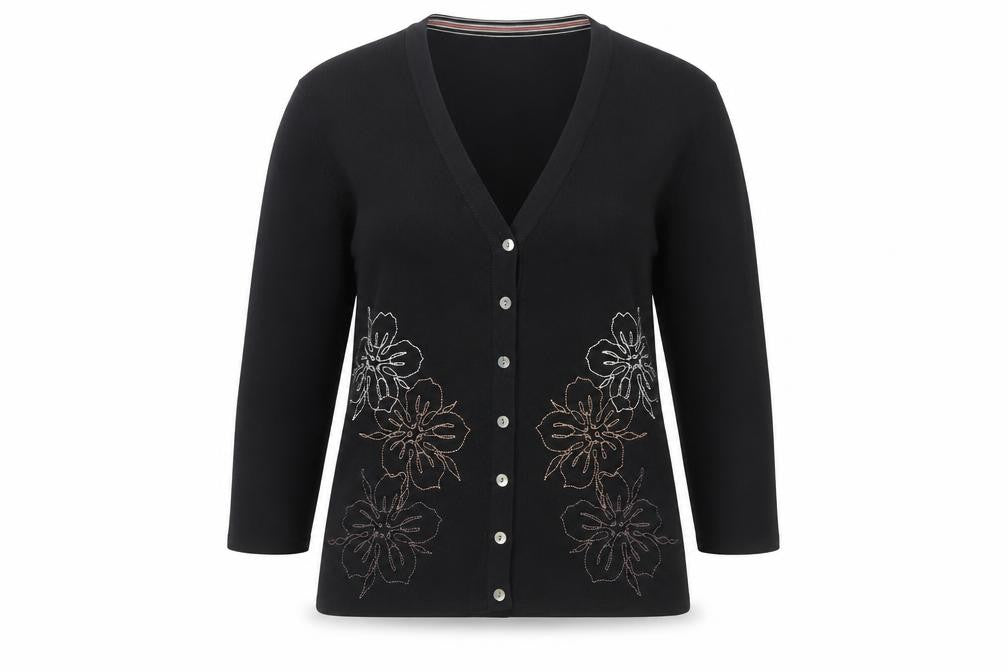 Berkertex Women Black Floral Embroidered Knit Cardigan Size 14