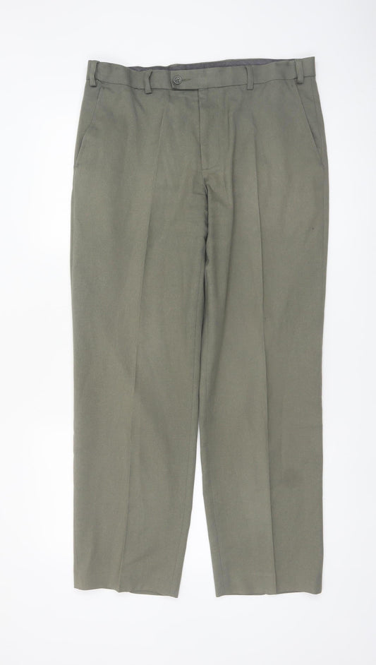 Marks and Spencer Men's Green Regular Fit Pleated Trousers 34W 31L