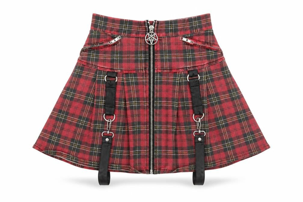 Killstar Women's Red Plaid Gothic Pleated Mini Skirt XS