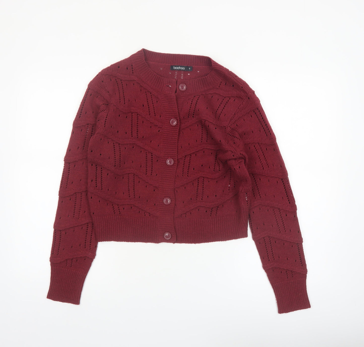 Boohoo Women's Red Open-Knit Long Sleeve Cardigan Size S
