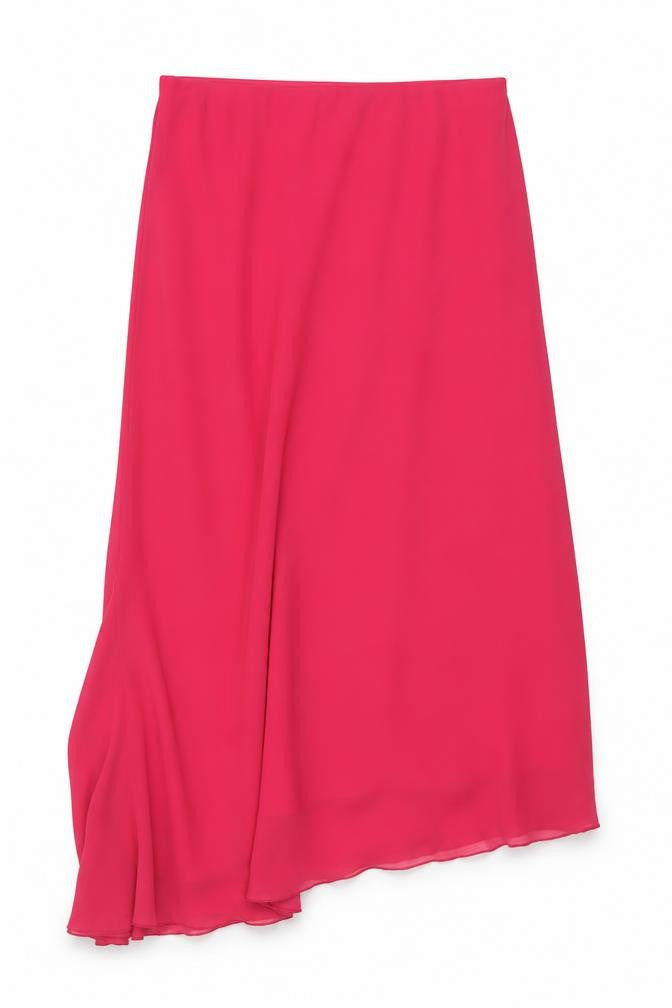 Front view of Kaleidoscope Women's Pink Asymmetric Midi Chiffon Skirt, size 16
