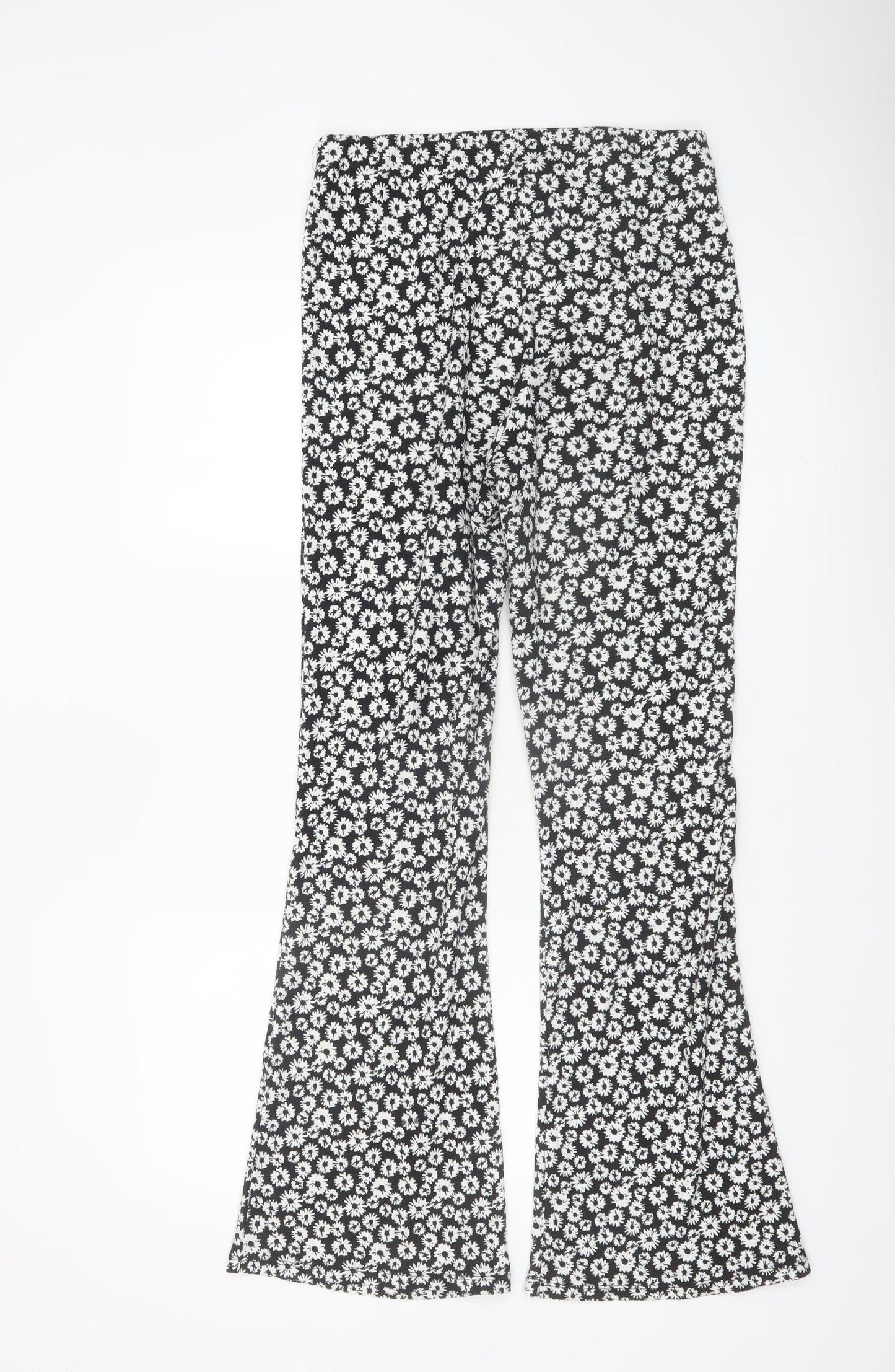 New Look Womens Black Floral Flared Jersey Trousers Size 10
