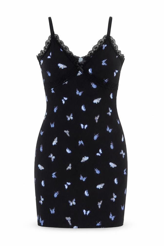 H&M Divided Black Butterfly Slip Dress Women’s Size 12 Lace Trim