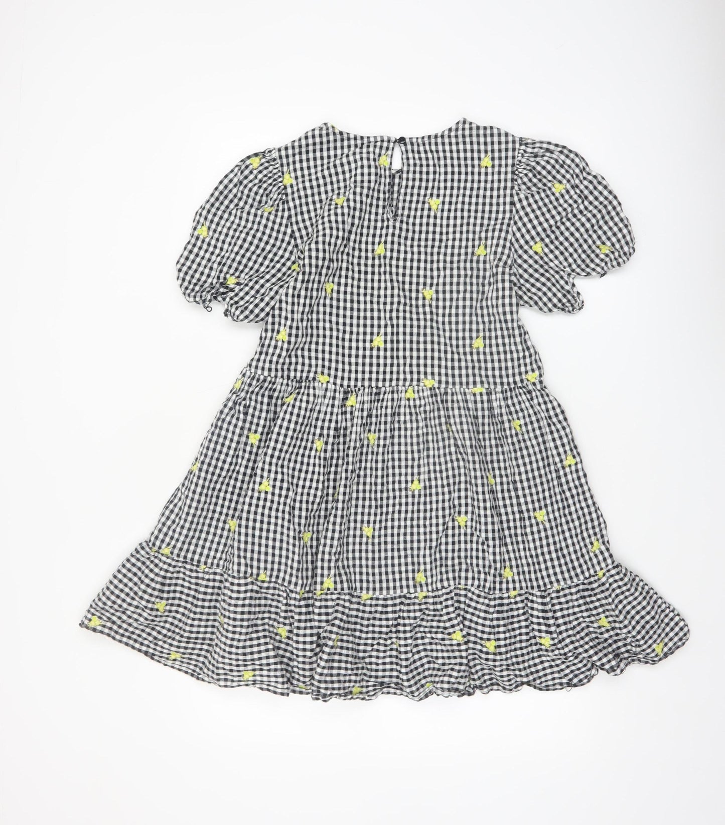 New Look Women's Black Gingham Embroidered Puff Sleeve A-Line Dress Size 10