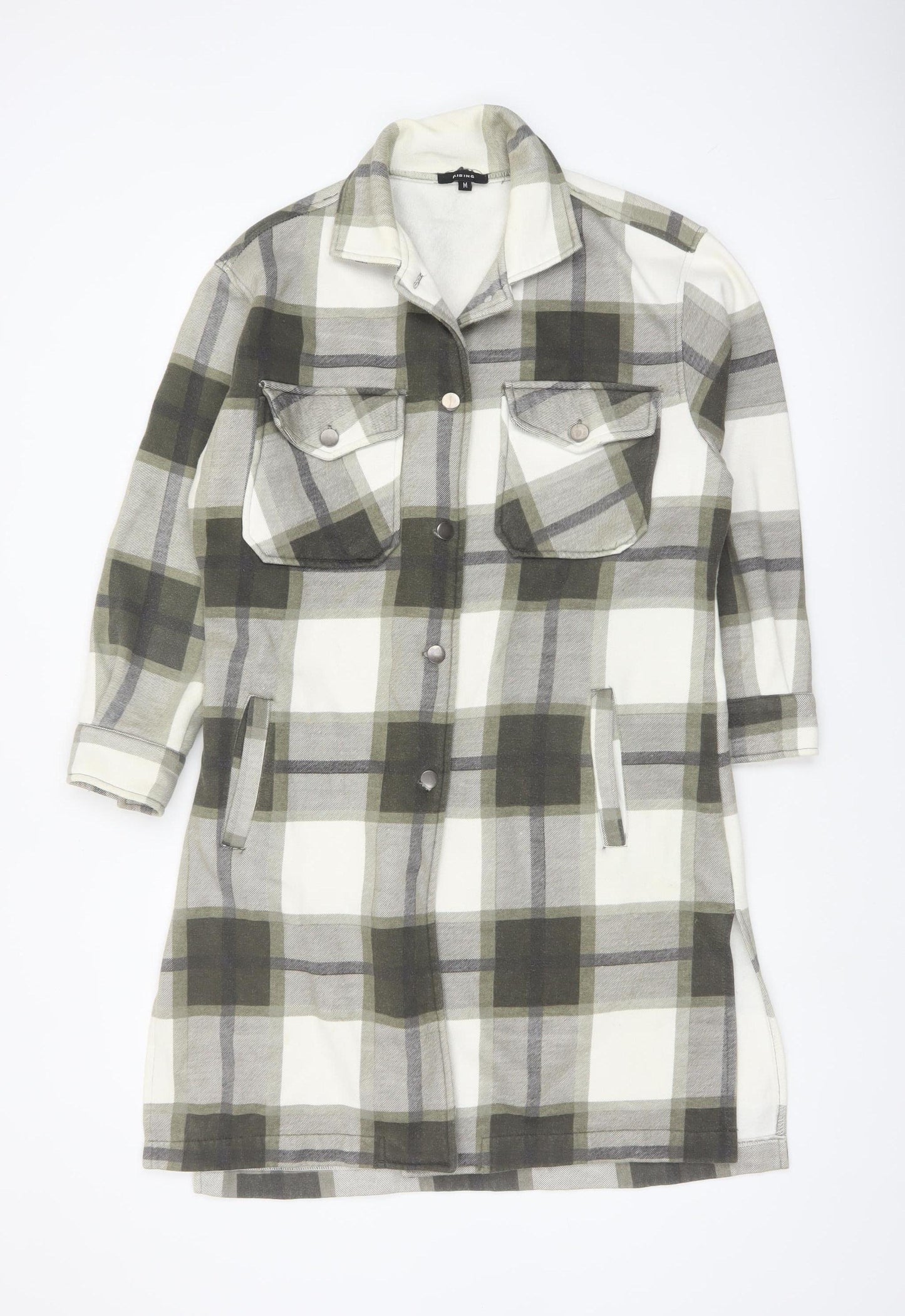 Rising Womens Green Checked Long Shacket Jacket Size M Cotton Blend