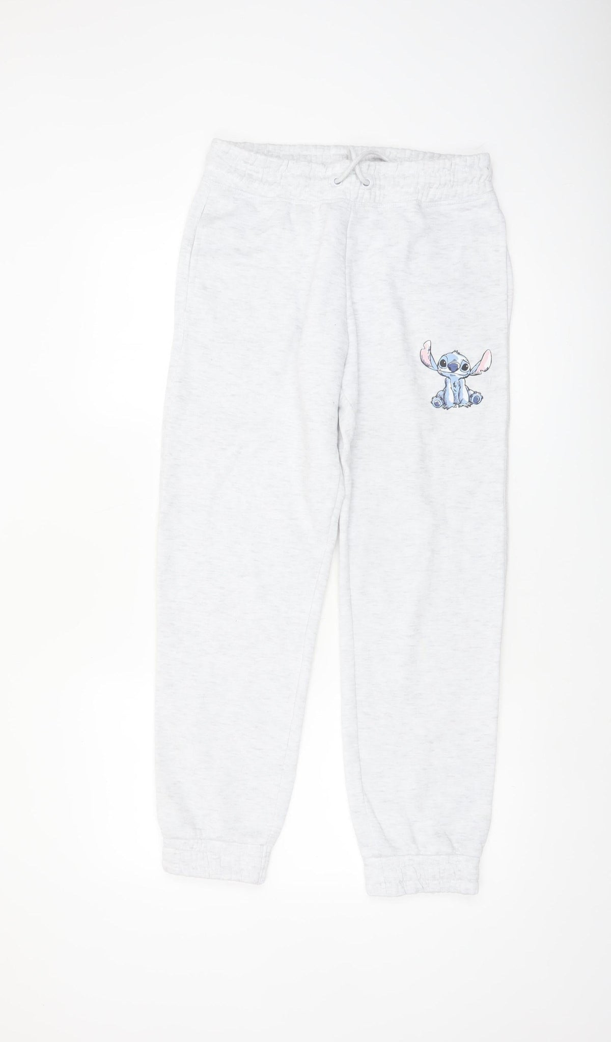 Front view of Disney women’s grey xs jogger sweatpants with stitch embroidery