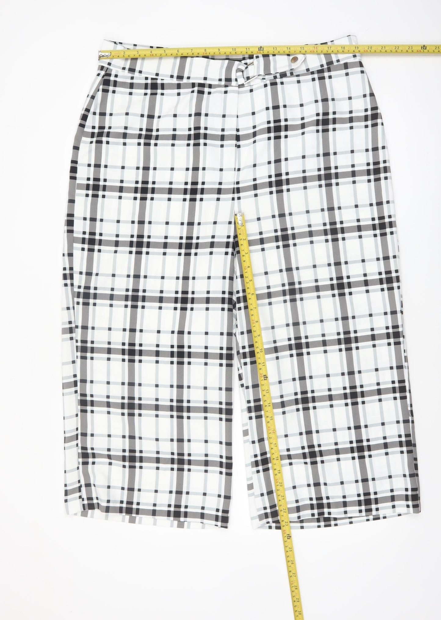 Peacocks Womens White Black Plaid Wide Leg Cropped Trousers Size 18